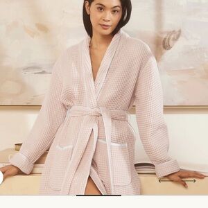 Boll and Branch Pink White Organic Cotton Women's Waffle Robe Small NWOT